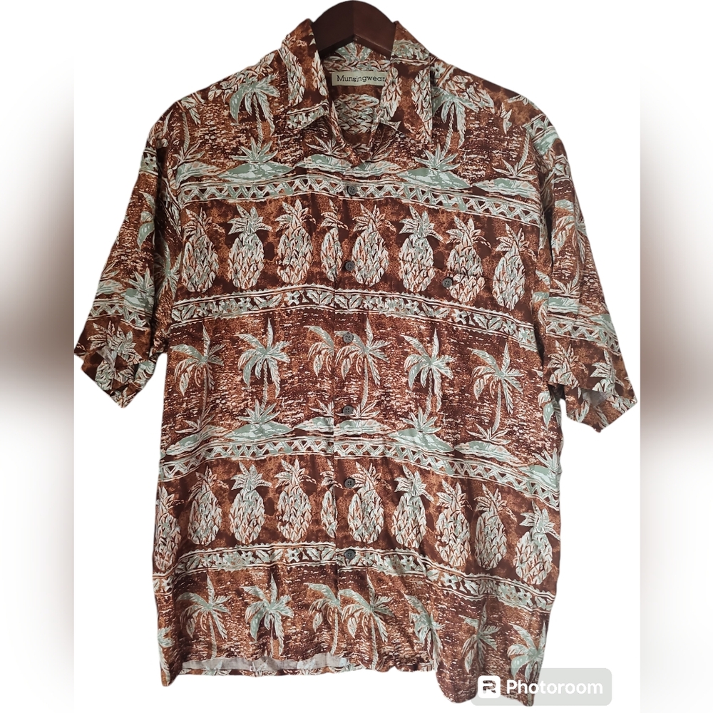 Vintage Hawaiian Shirt Munsingwear Retro Pineapples Beach Brown Green Size M